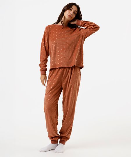 pijama longo feminino plush poá laranja P pijama longo feminino plush poá laranja P