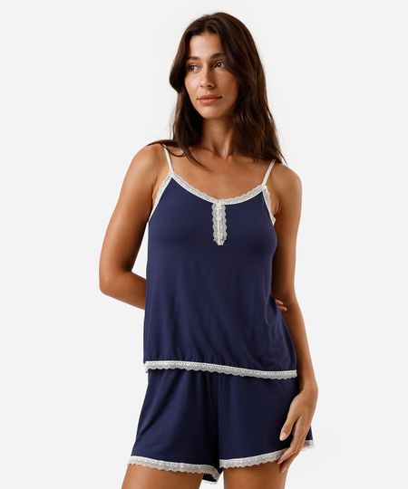 pijama short doll feminino de viscose com renda azul PP