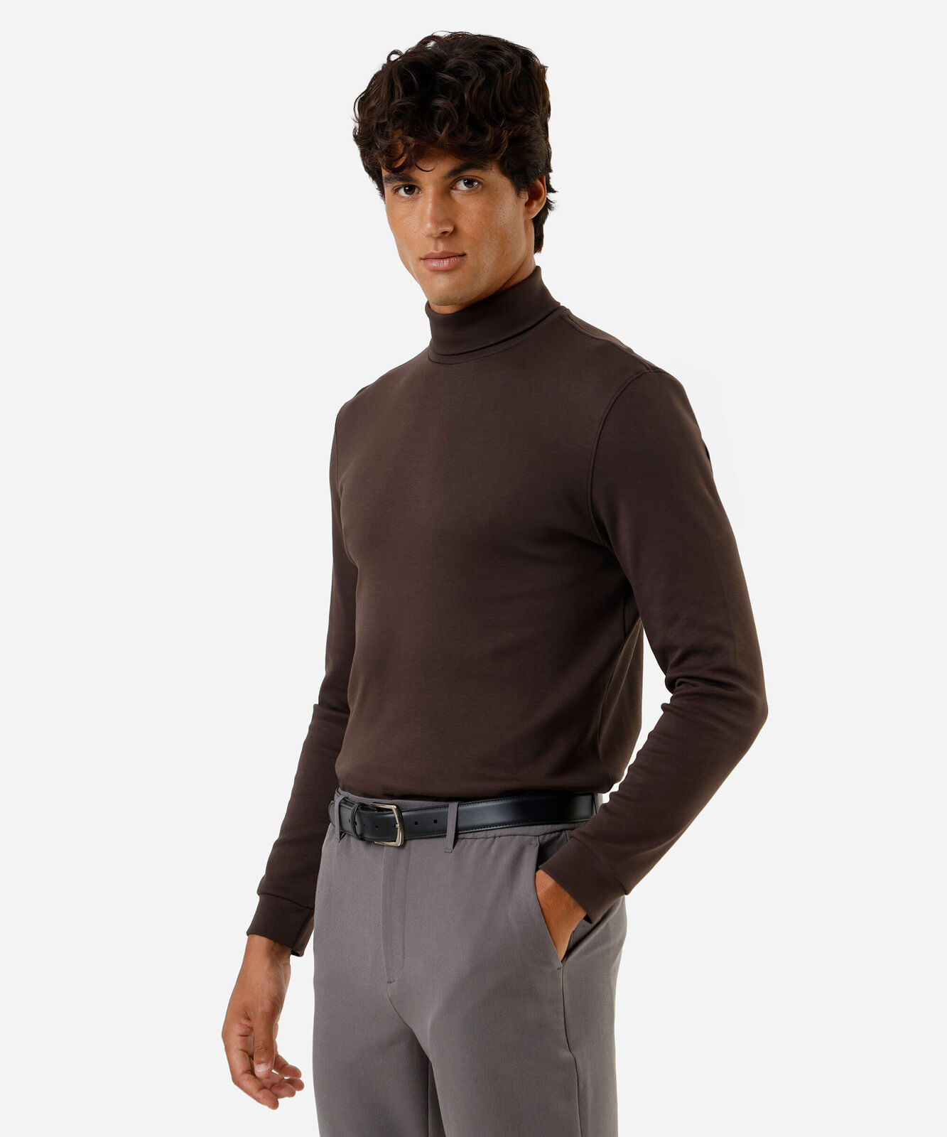blusa slim masculina manga longa gola alta marrom