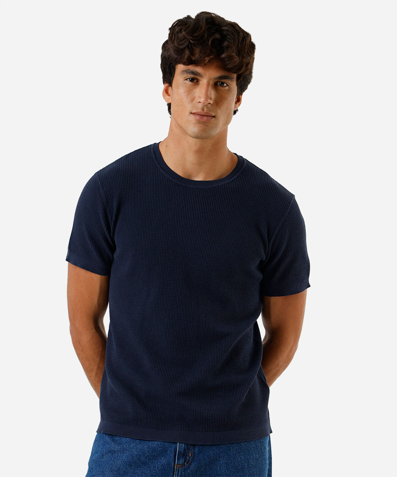 camiseta masculina com algodão manga curta texturizada azul