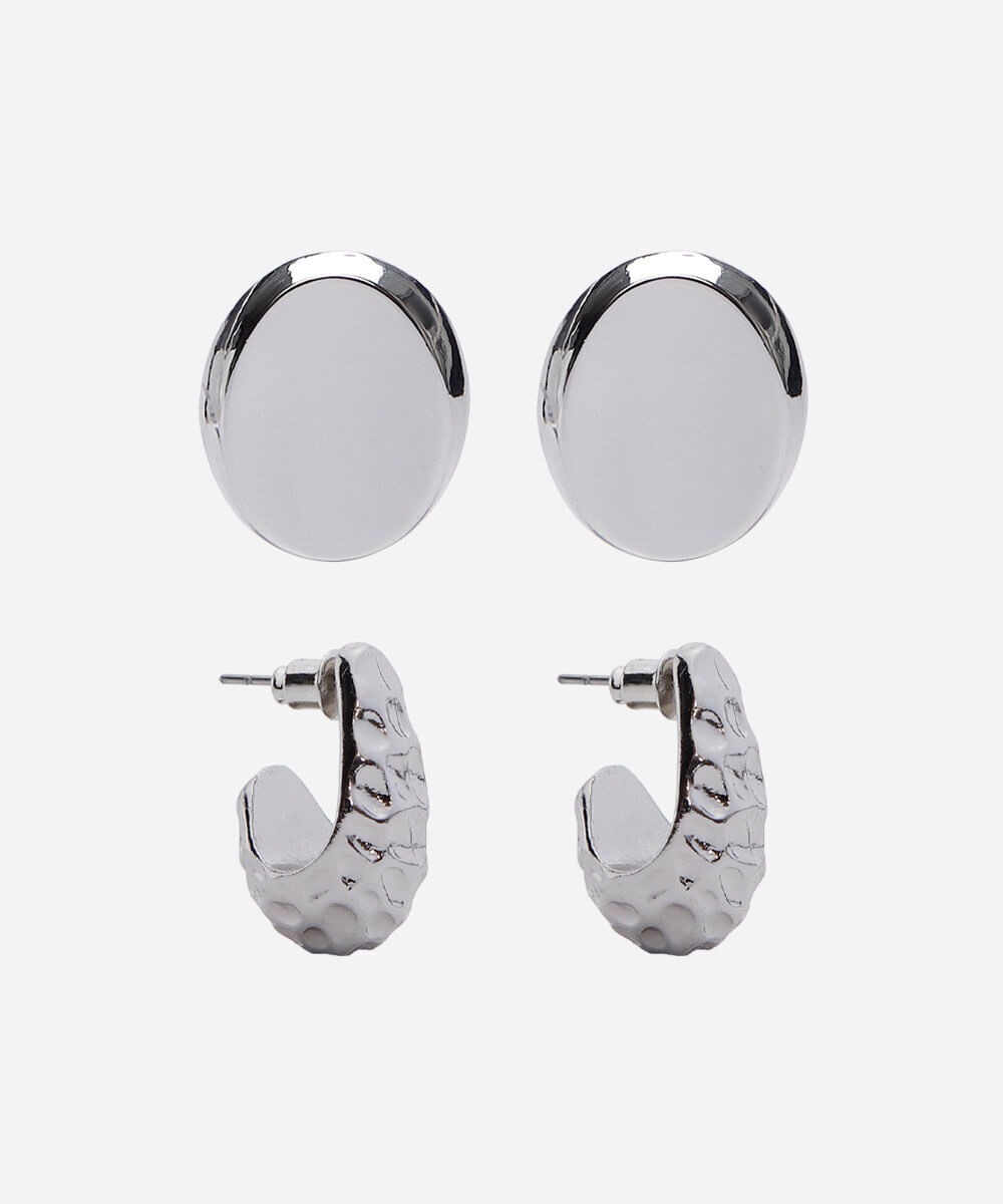 kit de 2 brincos botão e gota orgânica prata