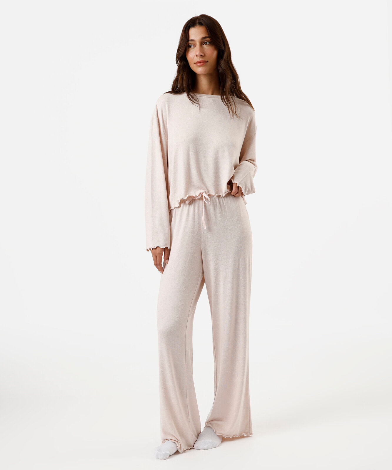 pijama longo feminino com frufru rosa