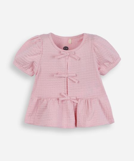 blusa peplum infantil de algodão com laços rosa 3