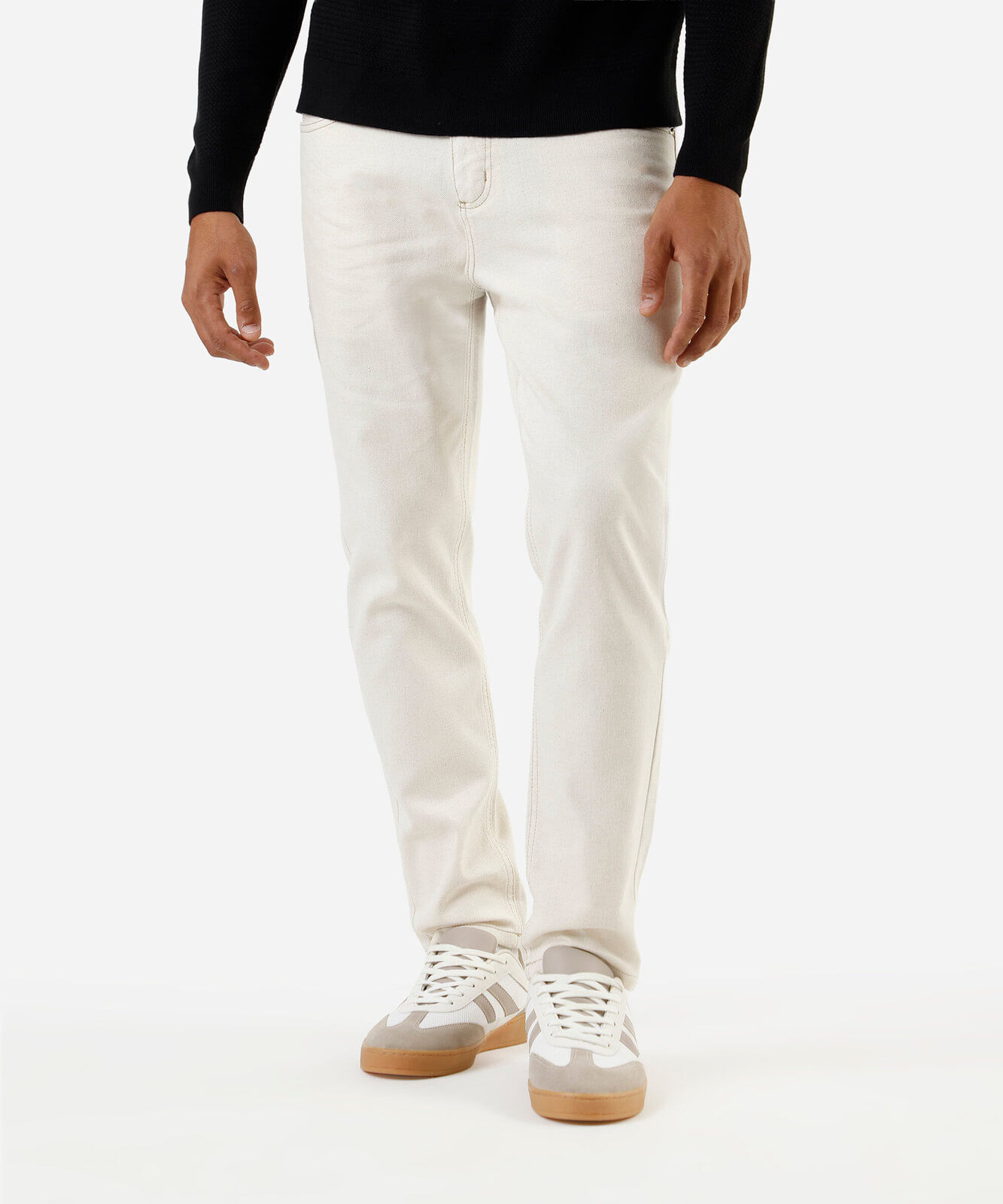 calça reta masculina de sarja com linho off white