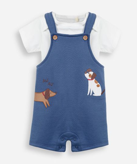 jardineira infantil com bordado e camiseta azul 9-12