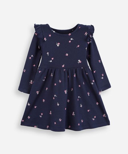 vestido infantil de algodão manga longa com babado floral azul 3