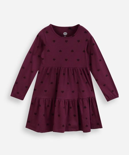 vestido infantil de algodão com recorte manga longa corações vinho 8