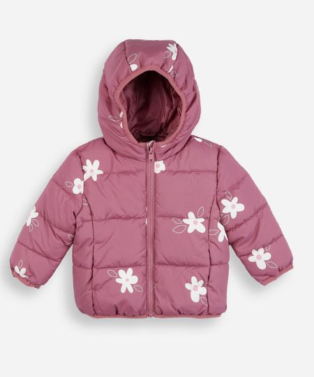 jaqueta puffer infantil com capuz floral rosa 4 jaqueta puffer infantil com capuz floral rosa 4