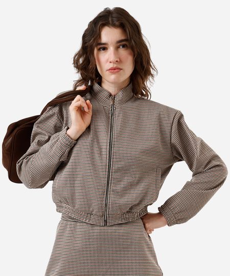 jaqueta bomber feminina de jacquard pied de poule marrom G jaqueta bomber feminina de jacquard pied de poule marrom G