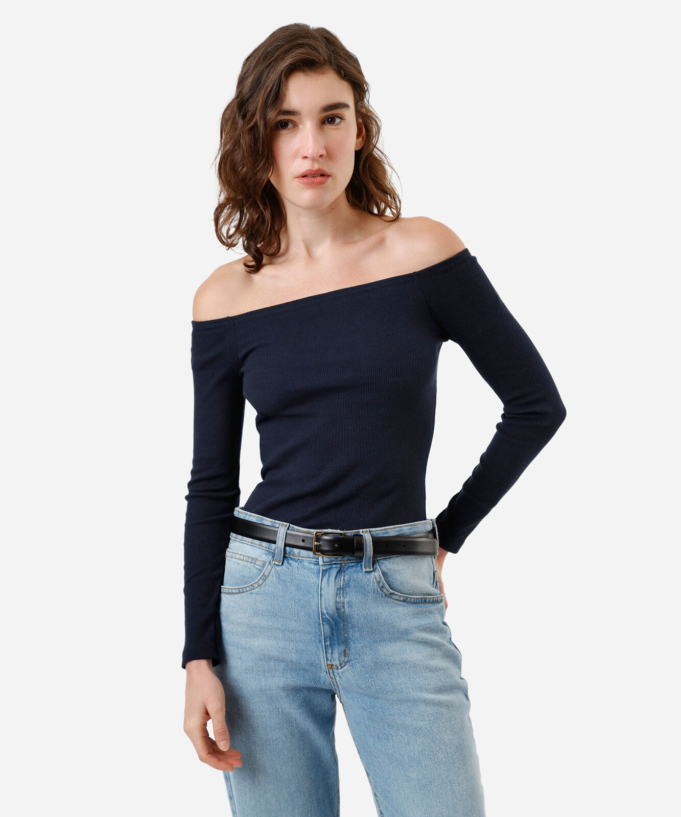 blusa cropped feminina de algodão ombro a ombro azul
