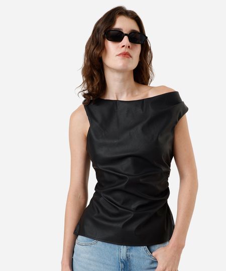 blusa feminina de poliuretano franzida preta M