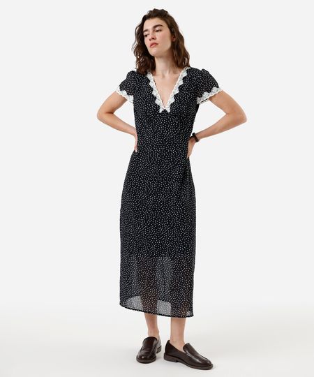 vestido midi feminino com renda poá azul M vestido midi feminino com renda poá azul M