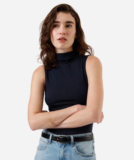 blusa feminina de algodão gola alta canelada azul PP