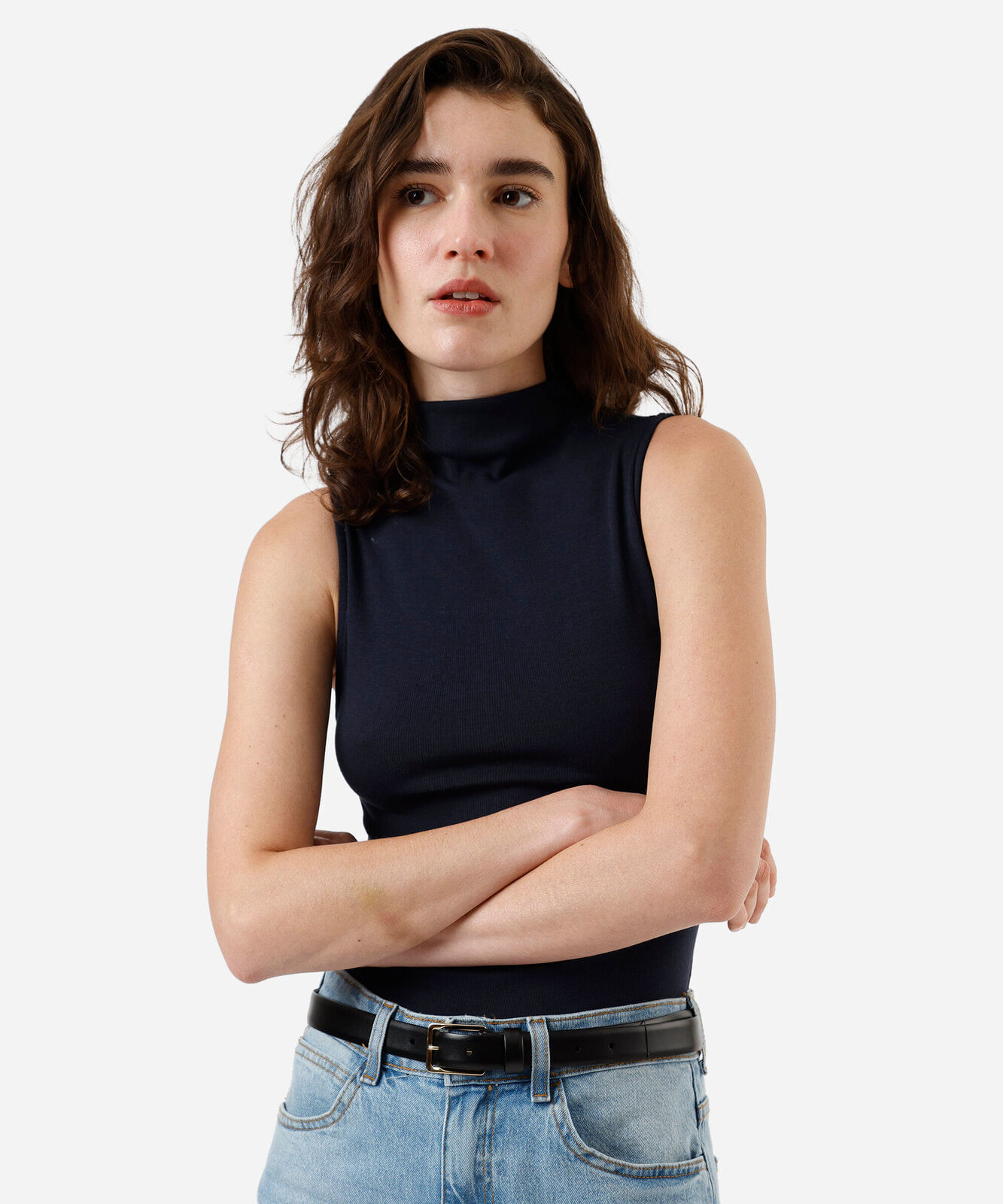blusa feminina de algodão gola alta canelada azul