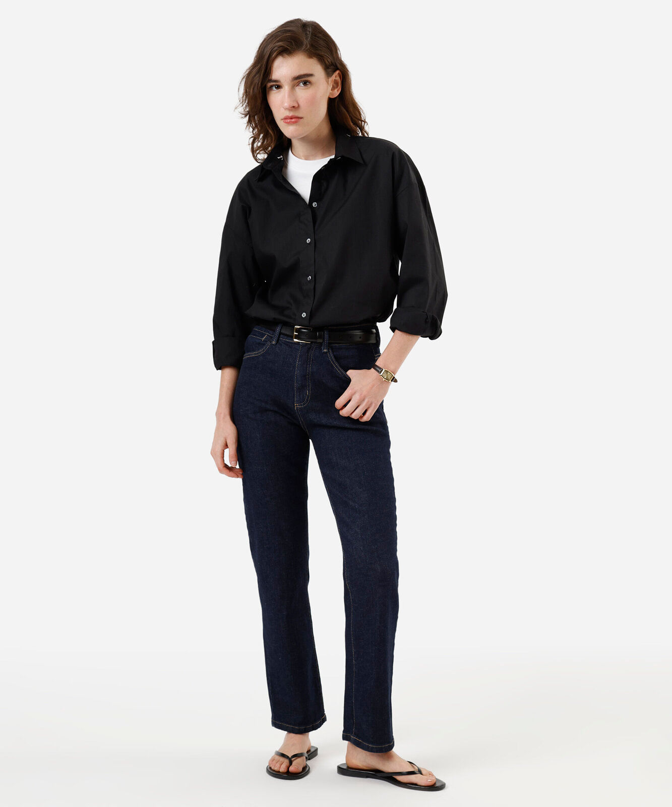 calça reta slim feminina jeans cintura alta azul