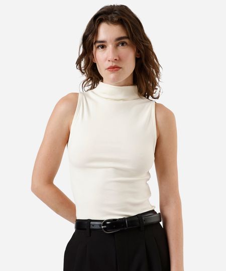 blusa feminina de algodão gola alta canelada bege PP blusa feminina de algodão gola alta canelada bege PP