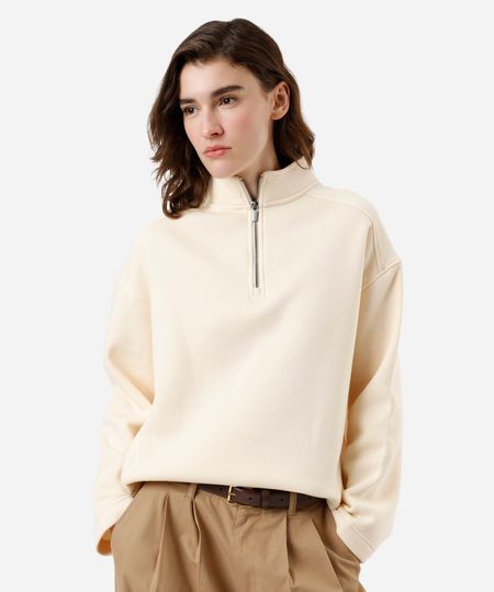 blusão feminino de moletom gola alta com zíper bege PP blusão feminino de moletom gola alta com zíper bege PP