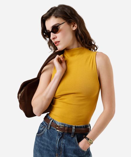 blusa feminina de algodão gola alta canelada amarela P blusa feminina de algodão gola alta canelada amarela P