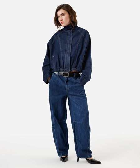 calça barrel feminina jeans com bolso deslocado cintura média azul 42