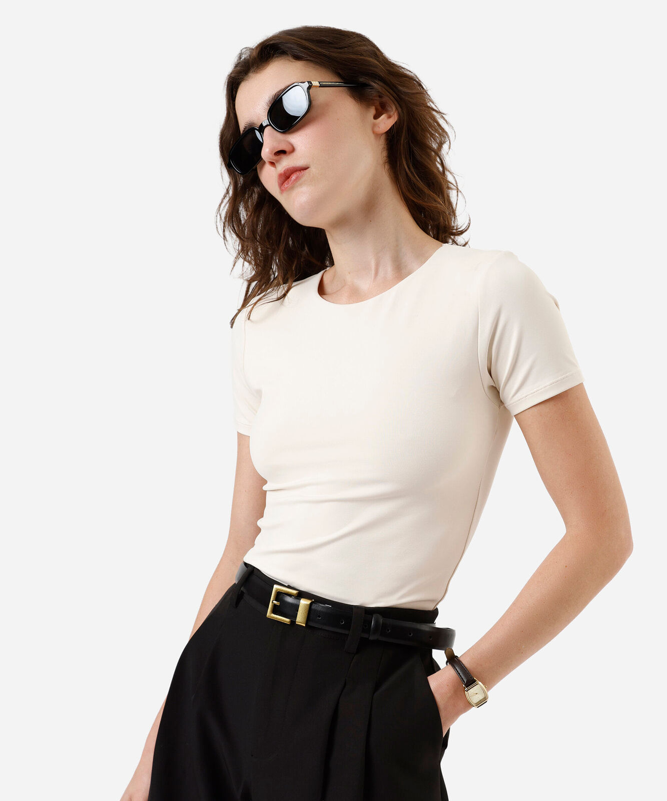 blusa feminina de poliamida manga curta bege