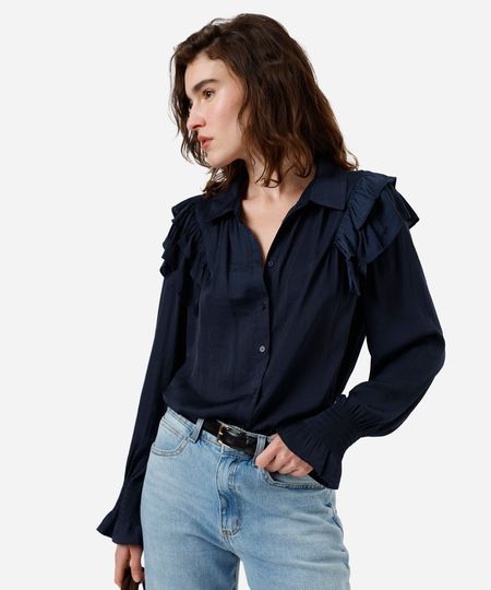 camisa feminina com babados acetinada azul P camisa feminina com babados acetinada azul P