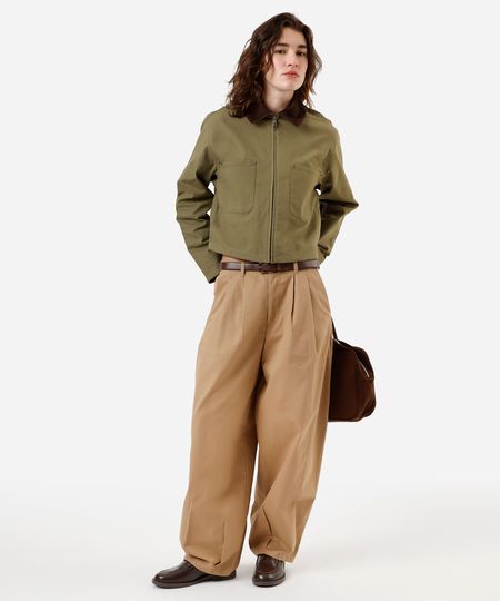 calça baggy feminina de sarja com pregas cintura média bege 42