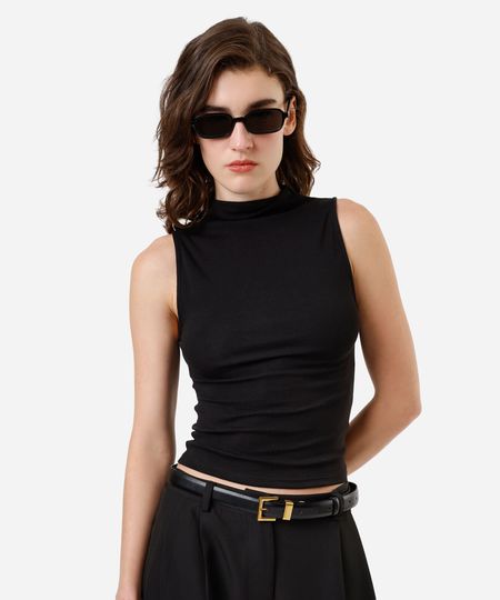 blusa feminina de algodão gola alta canelada preta PP