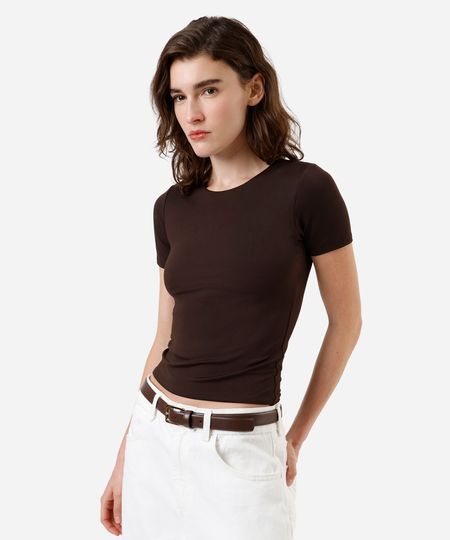 blusa feminina de poliamida manga curta marrom PP blusa feminina de poliamida manga curta marrom PP