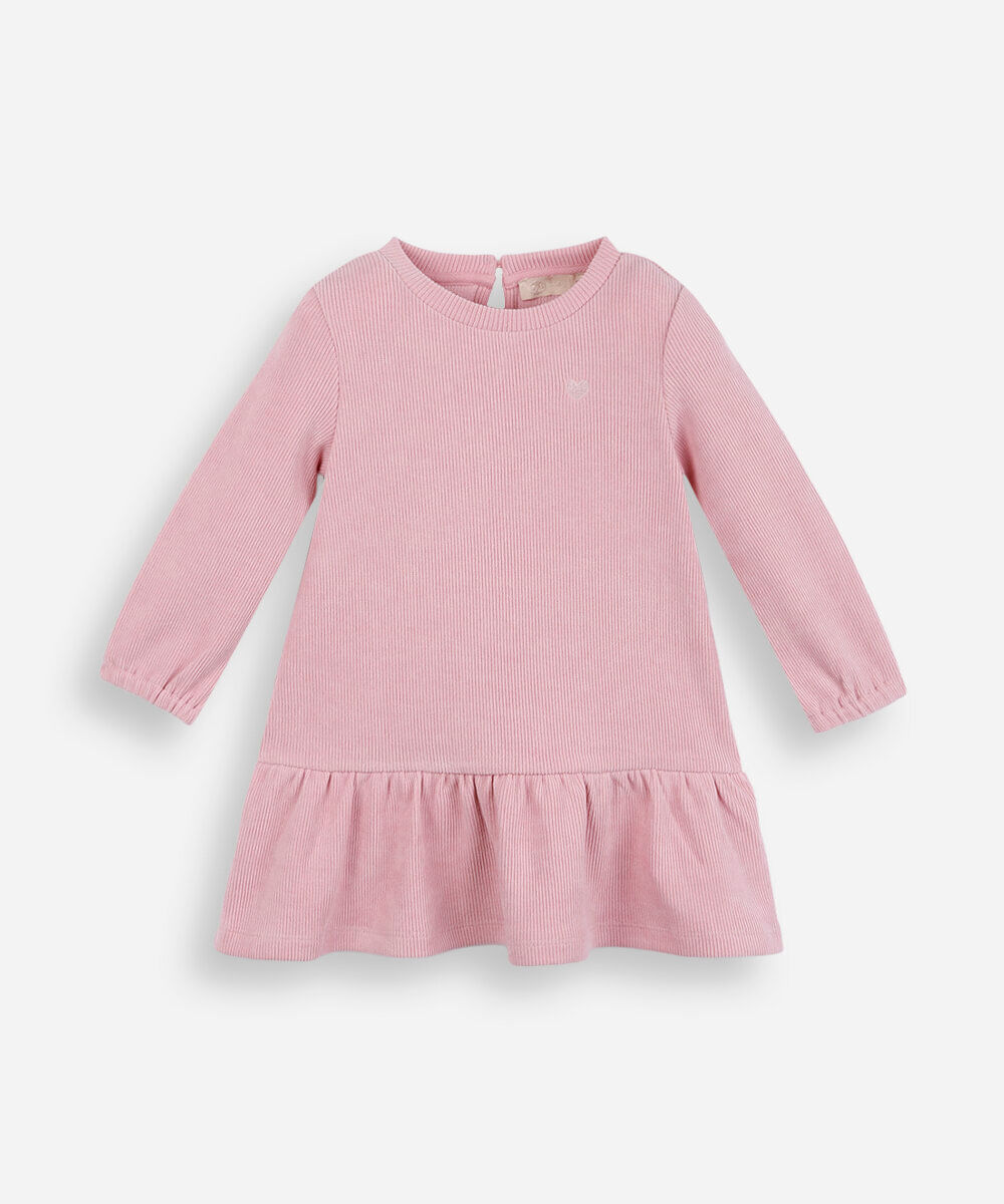 vestido infantil de veludo cotelê manga longa rosa