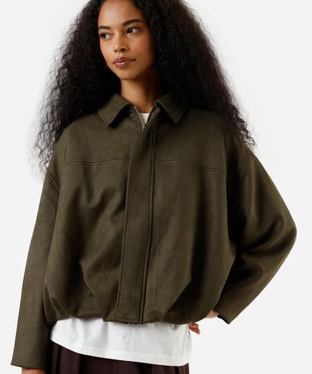 jaqueta balonê oversized feminina de suede verde GG jaqueta balonê oversized feminina de suede verde GG