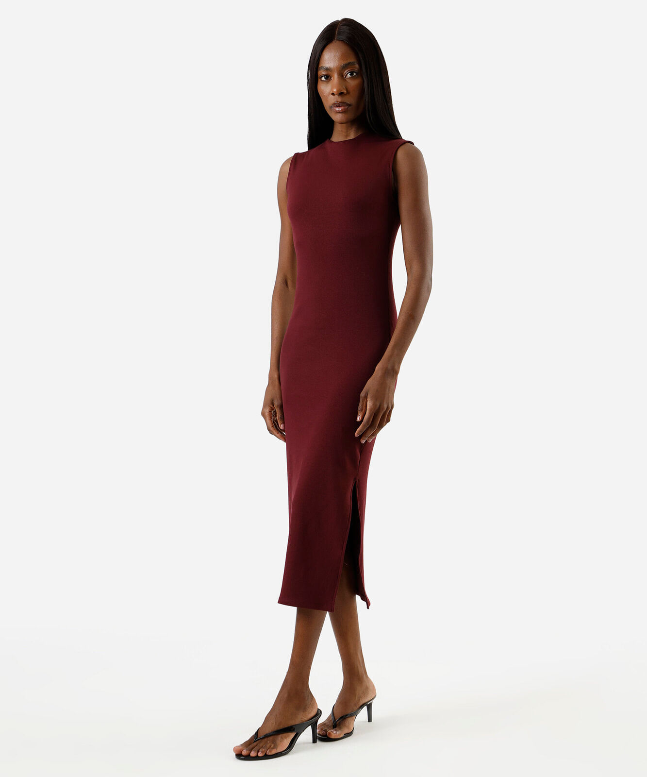 vestido midi tubinho feminino de algodão com manga japonesa e fenda vinho