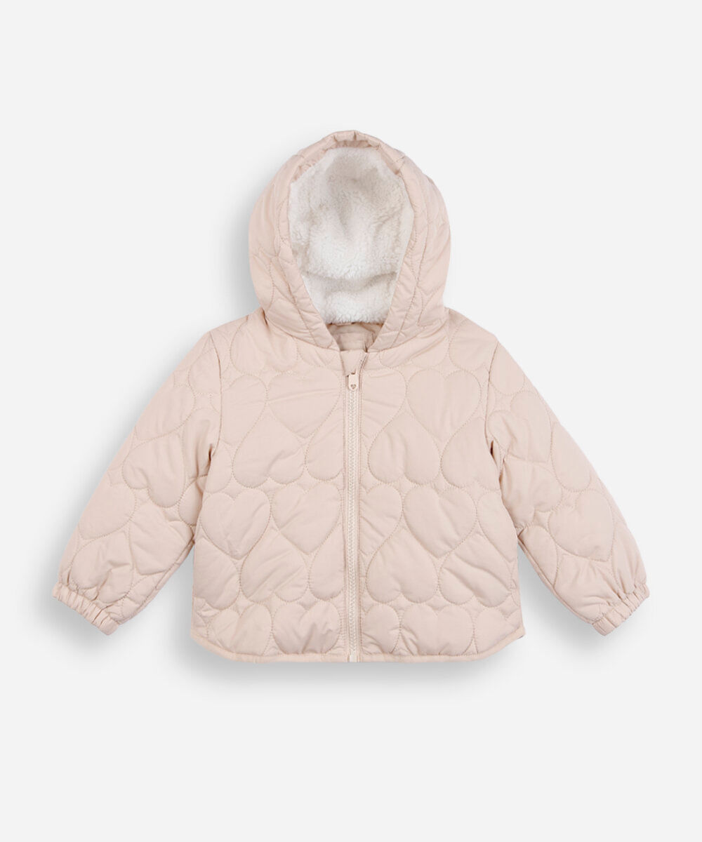 jaqueta puffer infantil coração com capuz bege