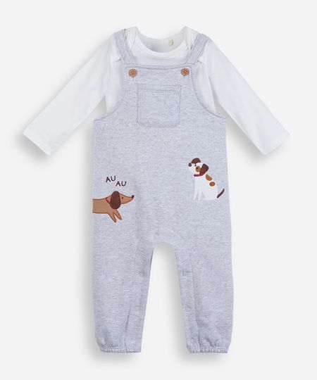 jardineira infantil com bordado e camiseta cinza 6-9