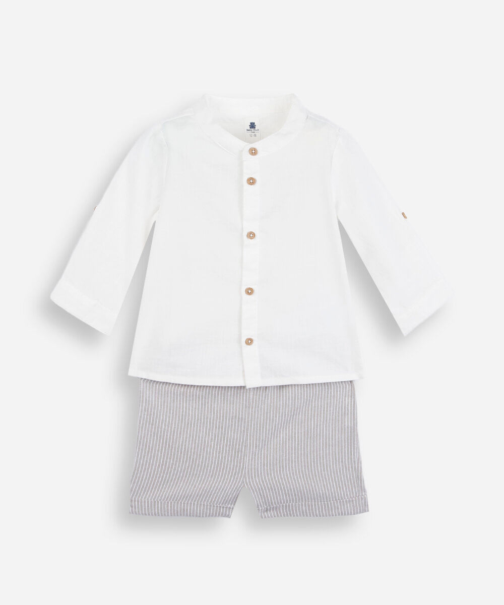 conjunto curto infantil de algodão listrado off white