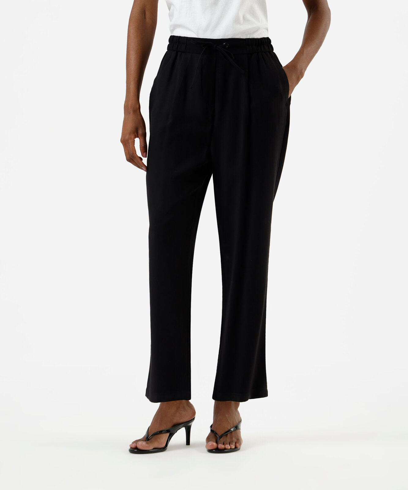 calça básica reta feminina com viscose cós elástico preta