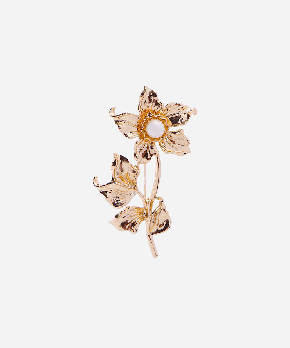 broche floral com pérola dourado