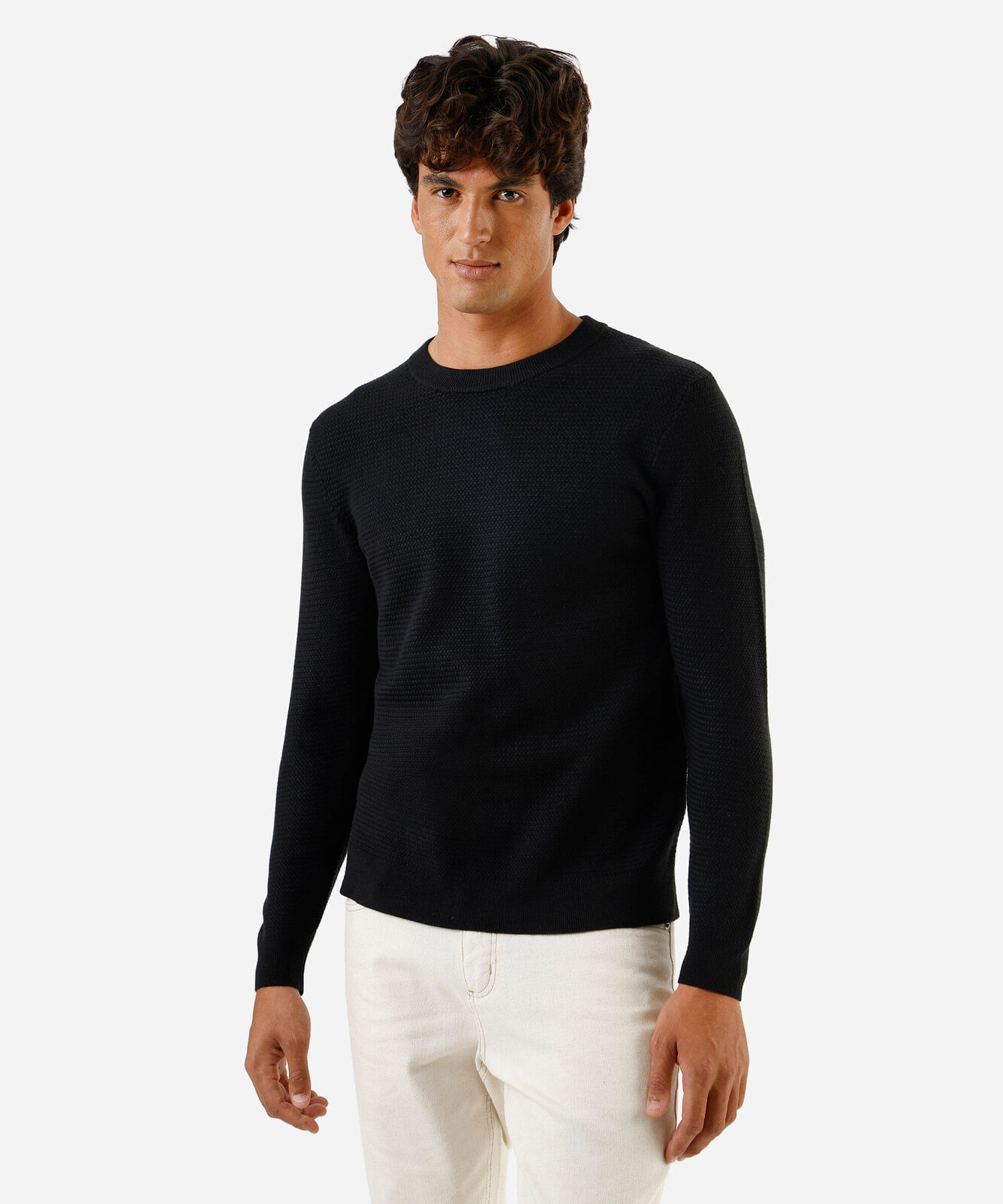 suéter masculino de tricot gola redonda texturizado preto