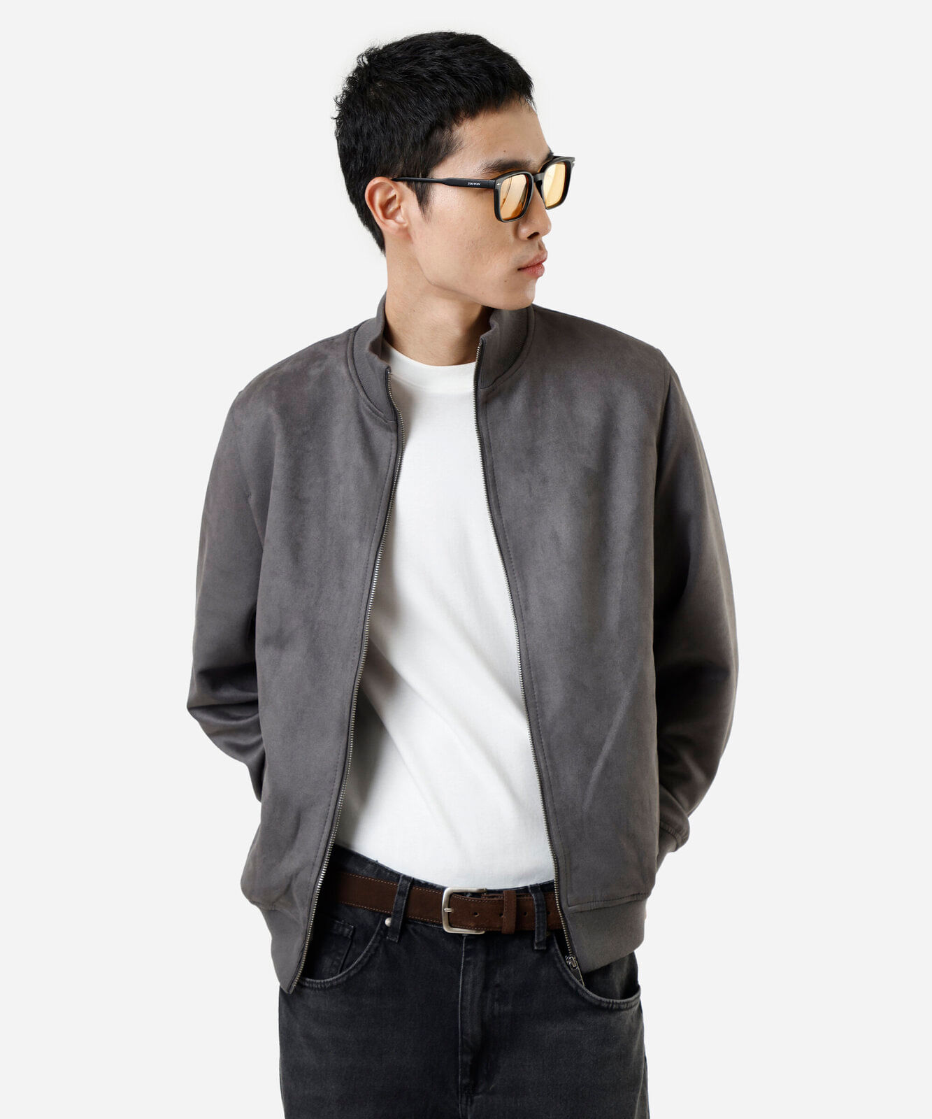 jaqueta bomber em suede cinza