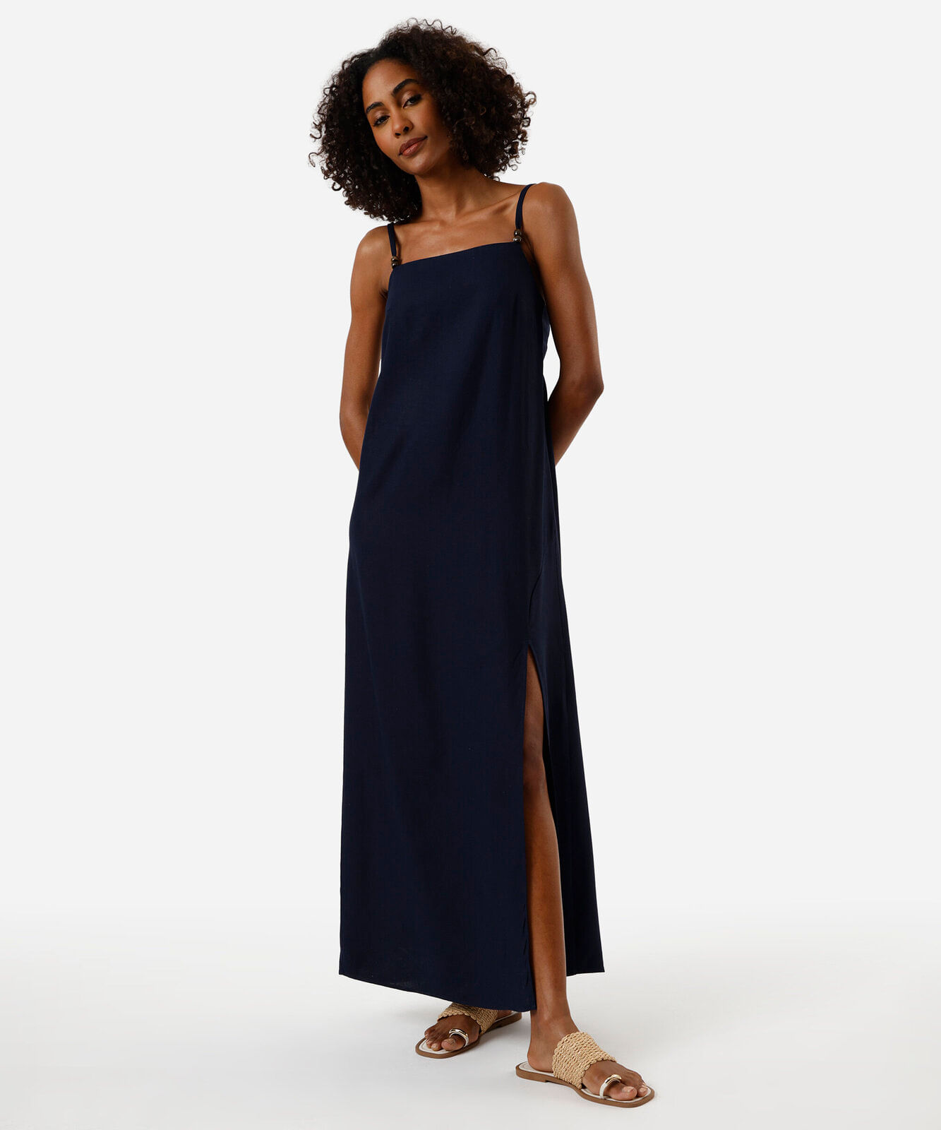 vestido longo alça fina feminino com linho e fenda azul