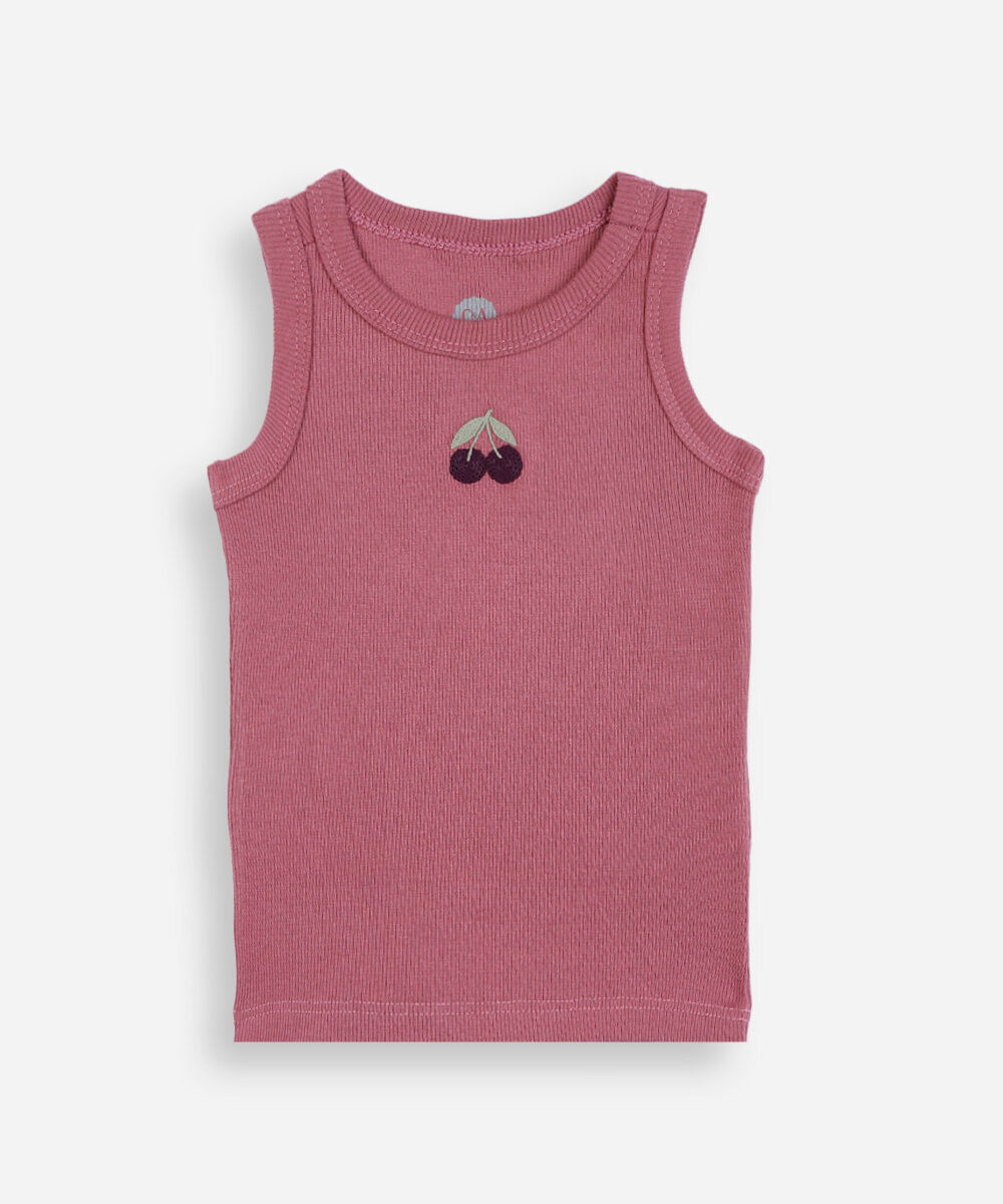 regata infantil de algodão com bordado cereja canelada rosa