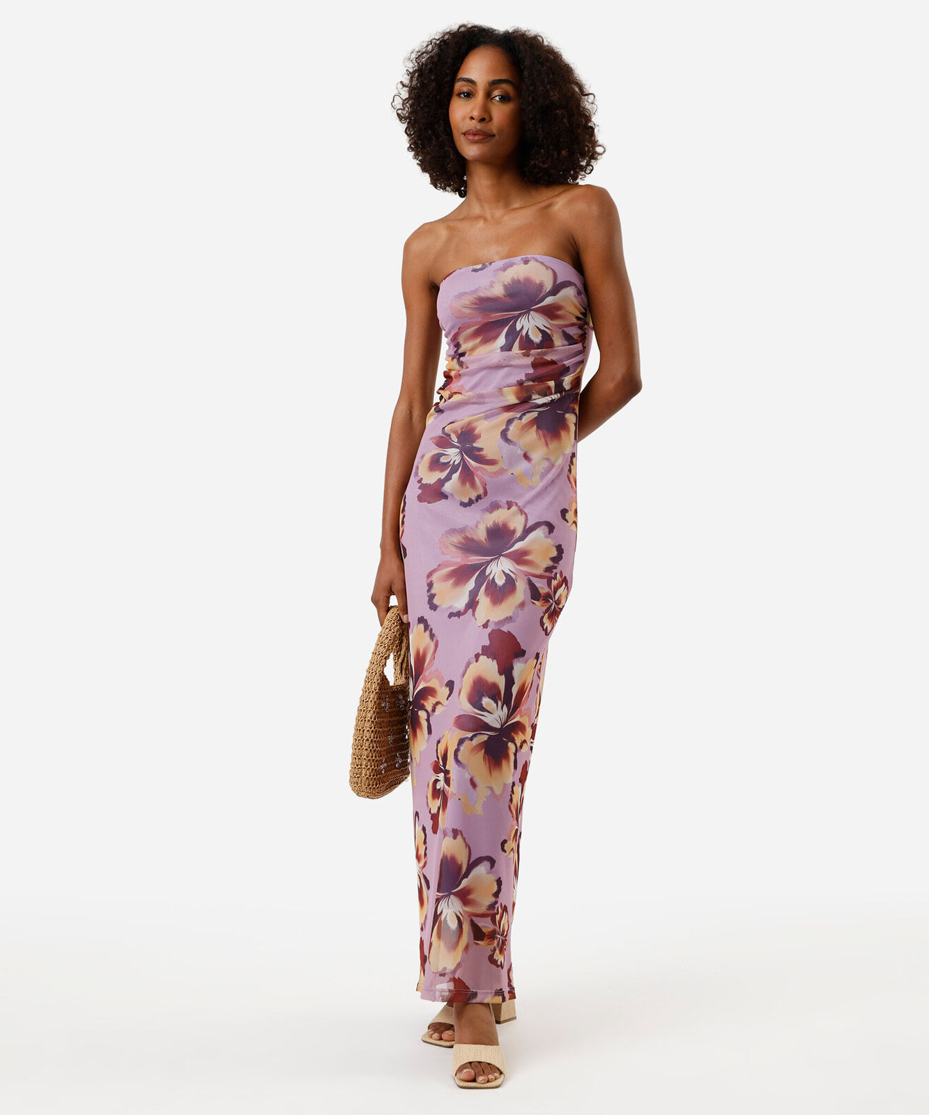 vestido midi sem alça feminino de tule franzido floral lilás