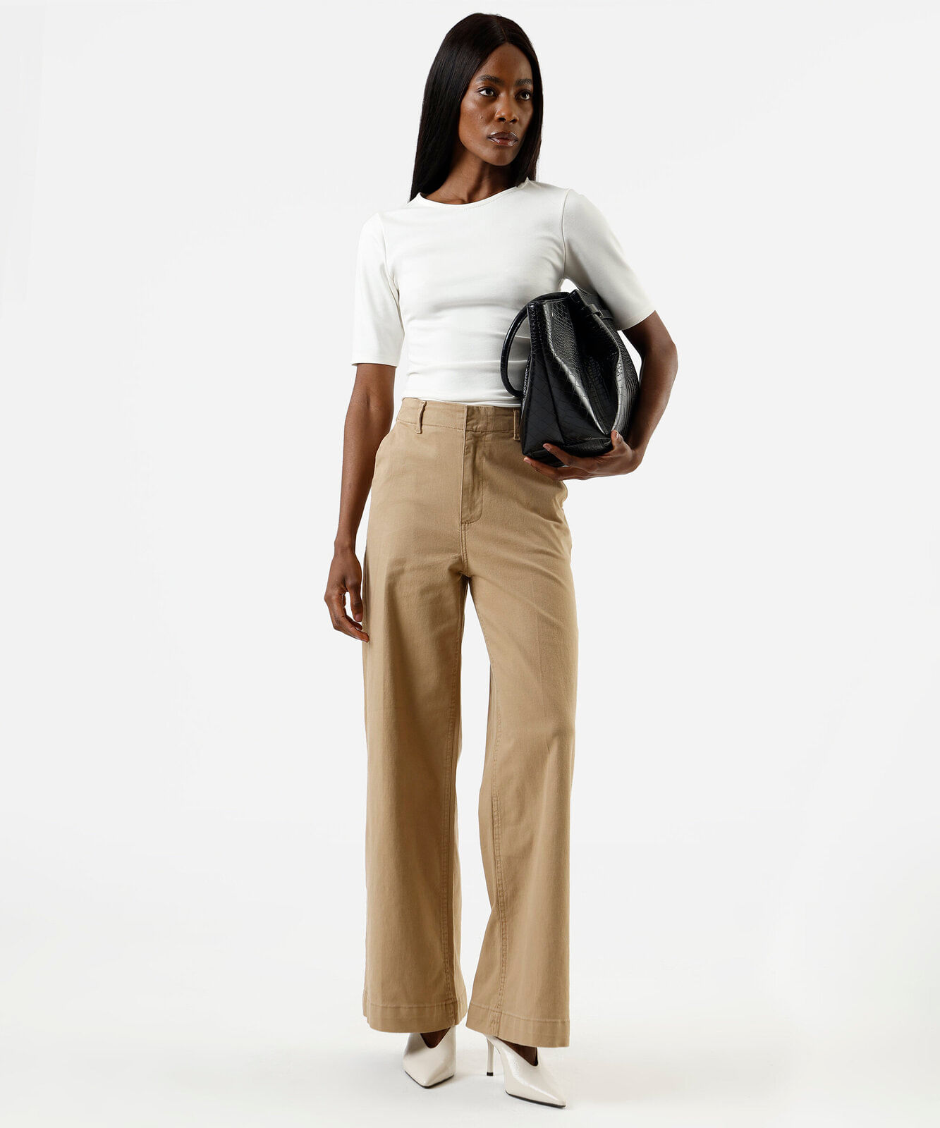 calça wide leg feminina de sarja cintura alta bege