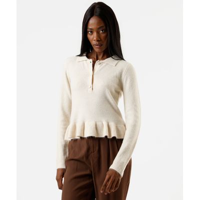 polo peplum feminina de tricot manga longa off white