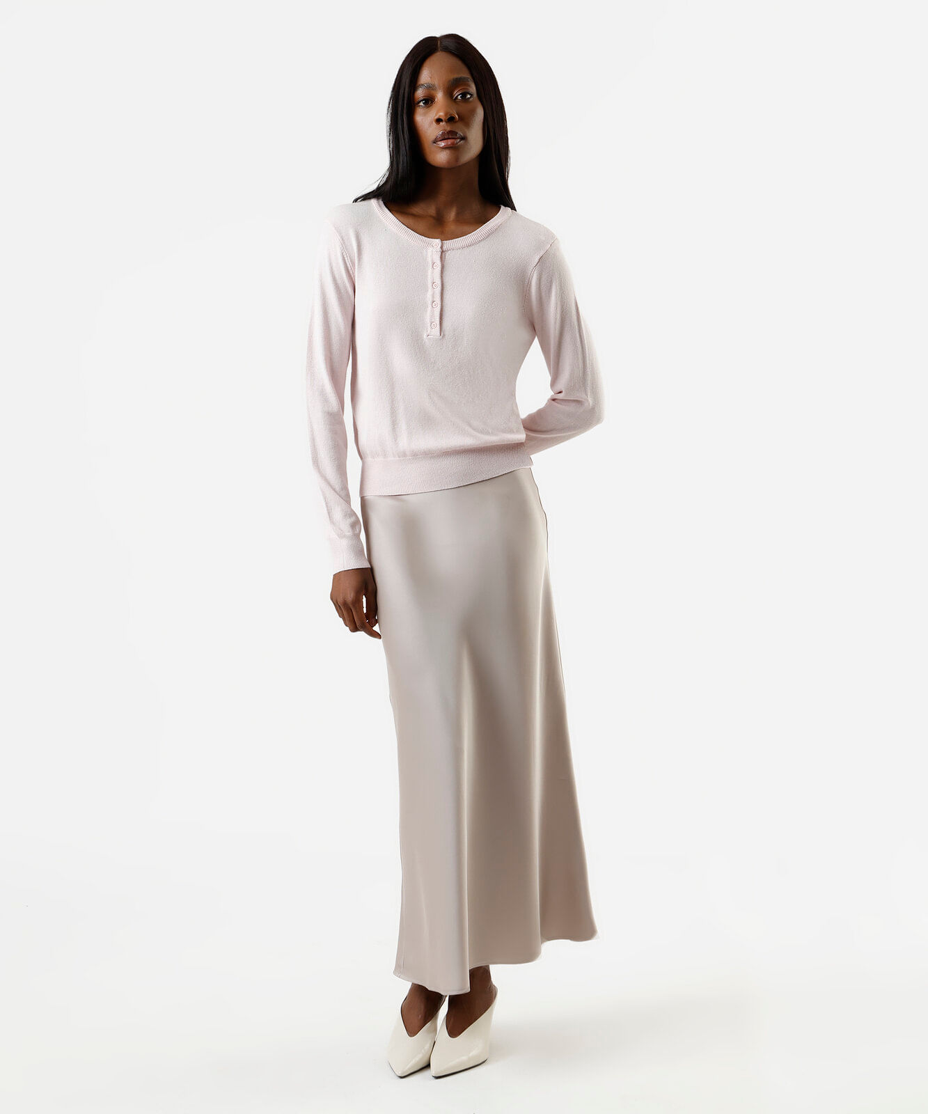 blusa feminina de tricot decote redondo manga longa rosa