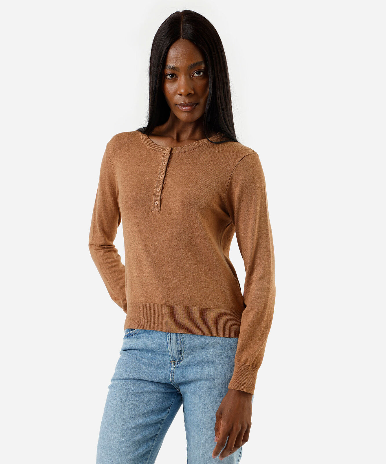 blusa feminina de tricot decote redondo manga longa marrom