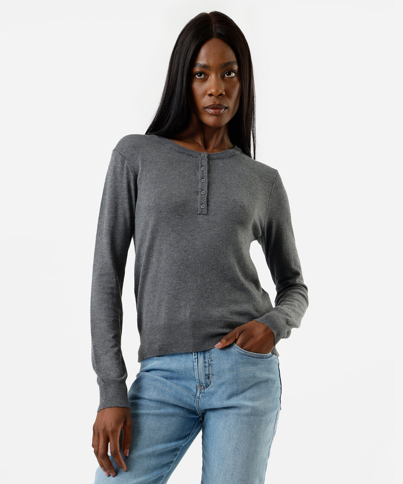 blusa feminina de tricot decote redondo manga longa cinza