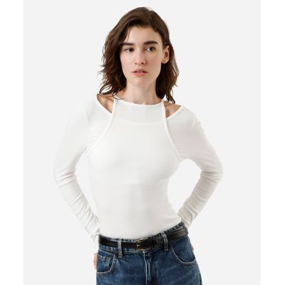 blusa feminina de viscose manga longa com sobreposição off white