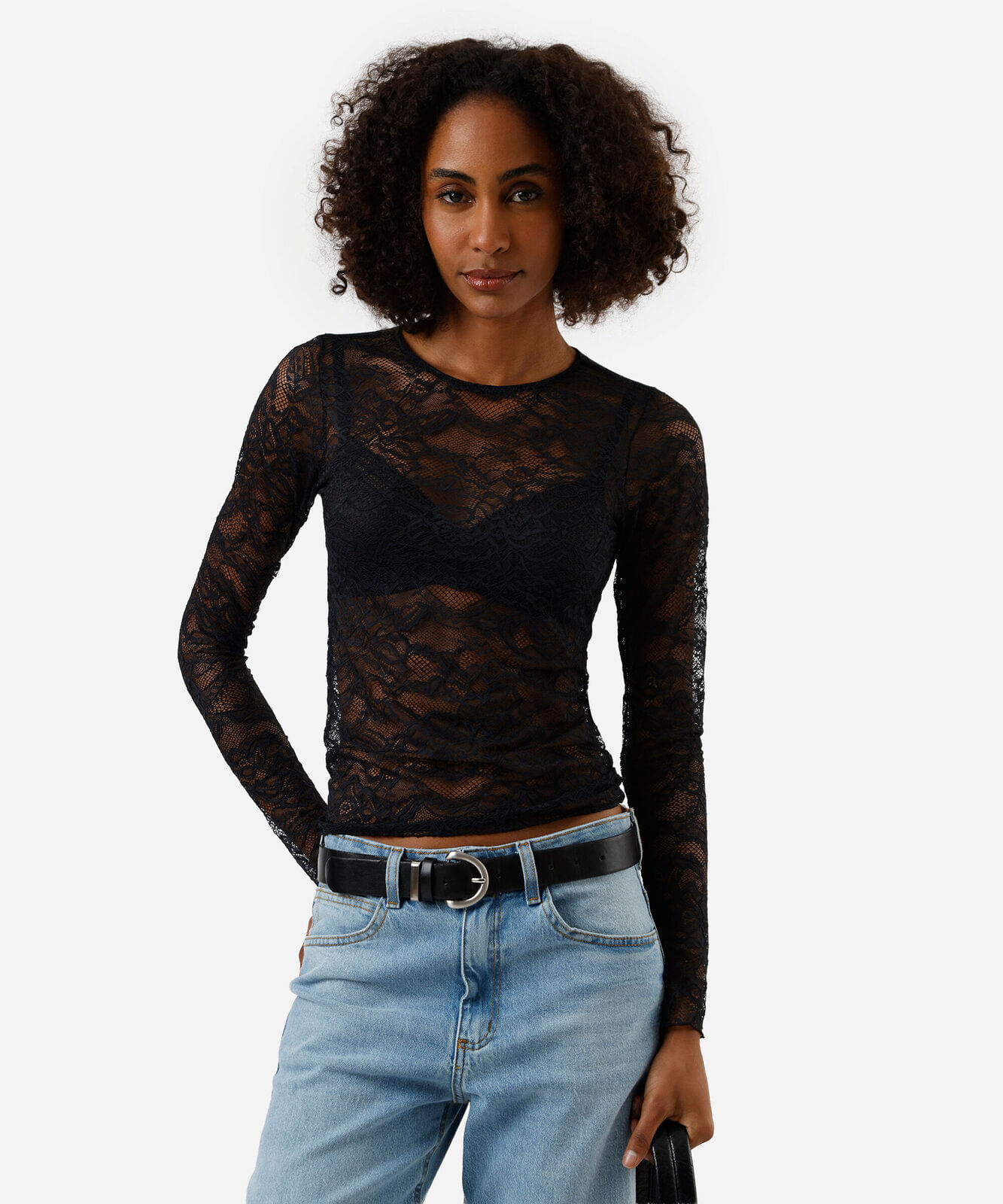 blusa segunda pele feminina de renda manga longa floral preta