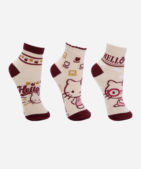 kit de 3 meias cano médio hello kitty colorido 34-39