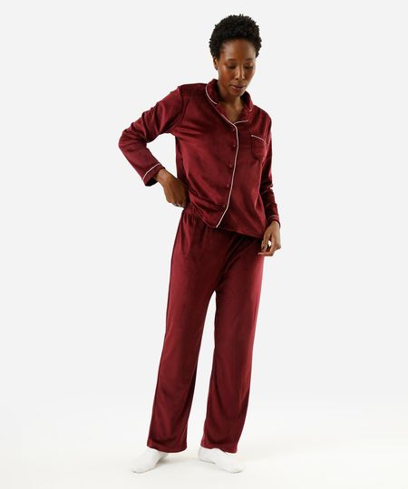 pijama americano longo de plush vinho PP